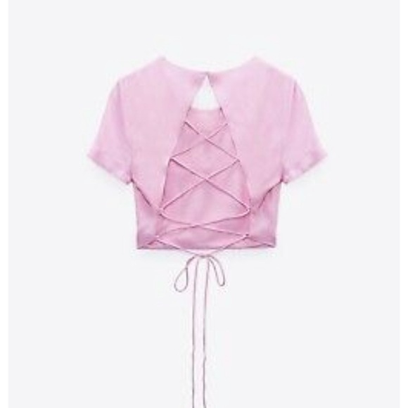 Zara Tops - [Zara] Pink Satin Criss Cross Strappy Crop Top